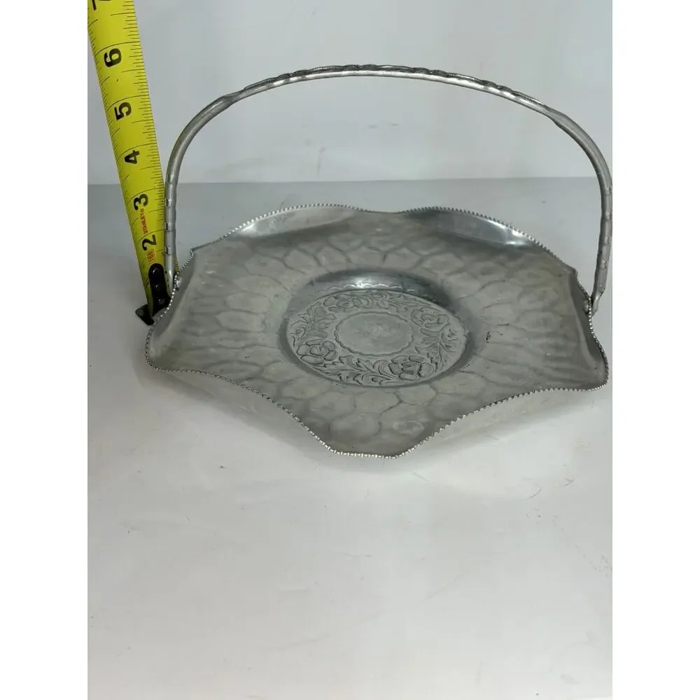 Lot Of 3 Vintage Embossed Aluminum Serving Pieces Tray Bowl Basket Mid Century